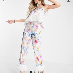 Two piece satin set with feather fringe